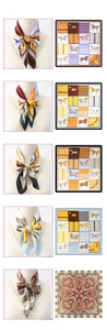 Detailed views of vintage equestrian horse chain patterns on silk-like square scarves