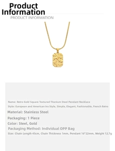 Macro detail of vintage gold square pendant with hammered texture on a snake chain