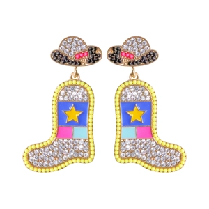 Exaggerated Western cowboy boot and hat earrings with sparkling crystals and colorful beads