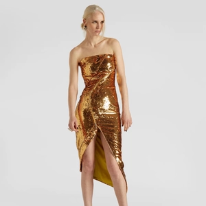 Robe Midi À Paillettes Dorées Bustier Coupe Ajustée Fente Asymétrique Fermeture Éclair Soirée Fête Élégante