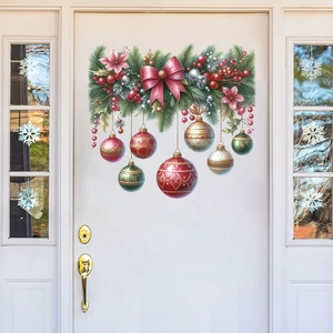Stickers de porte de Noël avec boules rouge vert or et nœuds roses sur porte
