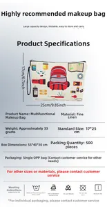 Linen travel bag detail showing 17x25cm size and outdoor camping tool print