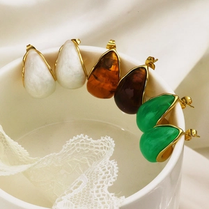 Geometric Earrings Stainless Steel 18K Gold Plated Resin Marble Texture Stud Hoop French Vintage Fashion Women Jewelry