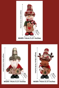 Detailed view of plush Christmas figures with grid hat, including snowman and reindeer models