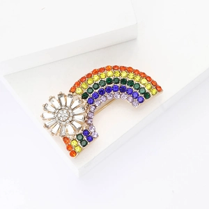 Creative rainbow and sun brooch with colorful rhinestones on a gold alloy base