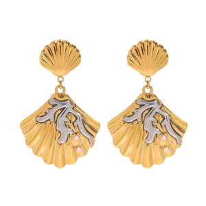 Ocean Style Stainless Steel Shell Earrings Faux Artificial Pearl 18K Gold Plated Two Tone Coral Design Elegant Dangle Jewelry Women