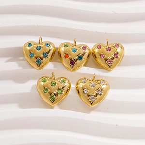 Set of 5 gold-plated heart charms with colorful rhinestones for DIY necklace making