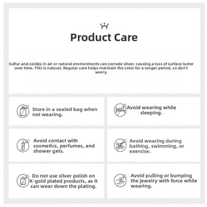Detailed jewelry care guide for silver and K-gold plated bracelets with maintenance icons
