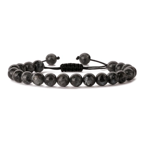 Handmade woven bracelet featuring deep gray labradorite beads and adjustable black cord