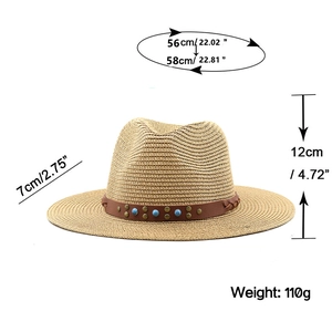 Straw fedora hat with turquoise bead leather band and measurement guide details
