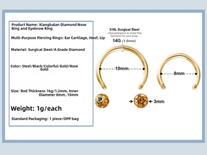 Detail view of 316L surgical steel golden horseshoe piercing ring with 8mm and 10mm inner diameter
