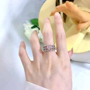 Three-in-one stacked S925 silver rings with pink heart-shaped carbon diamond stone