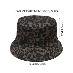 Detailed size chart for leopard bucket hat showing 58cm head circumference and 6cm brim