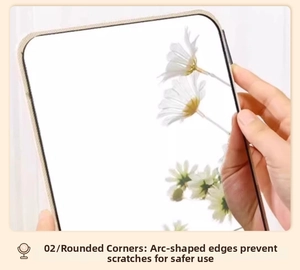 Detail of rounded safety edges and high-definition reflection on portable makeup mirror