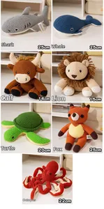 Detailed grid of diverse hand-crocheted plush animals including shark, lion, and turtle