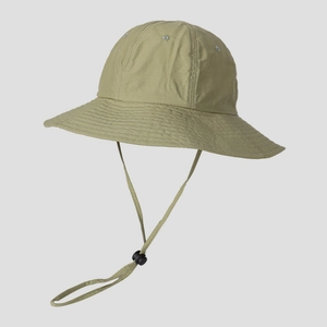Detail of dark olive quick-dry sun hat with wide brim, air vents and adjustable wind cord