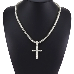 Silver-toned tennis chain necklace with a sparkling iced-out cross pendant for men