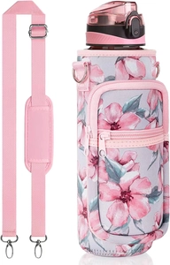 Detail of floral SBR neoprene water bottle sleeve with adjustable pink shoulder strap
