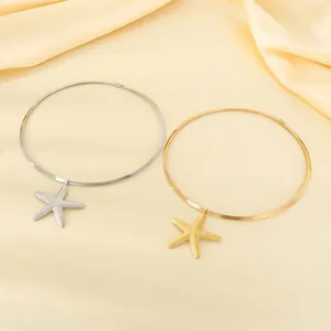 Starfish Pendant Neck Ring Stainless Steel Textured Retro Ocean Series Torque Choker Necklace For Women Personalized Jewelry