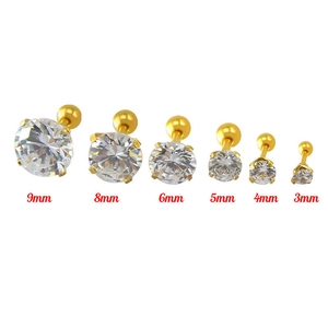 Set of 6 golden stainless steel stud earrings with clear zircon stones 3mm to 9mm