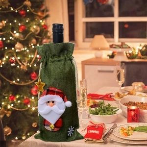 Christmas wine bottle cover with Santa Claus 3D doll and red plaid hat in festive green fabric