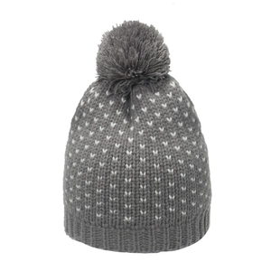 Grey knitted beanie with white heart patterns and a fluffy pom-pom on a white background