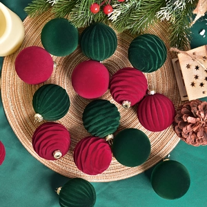 6cm burgundy and dark green velvet Christmas ball ornaments set with textured stripes