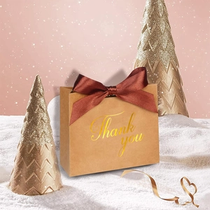 Sac cadeau en papier kraft avec ruban bordeaux et texte doré Thank You en décor hivernal