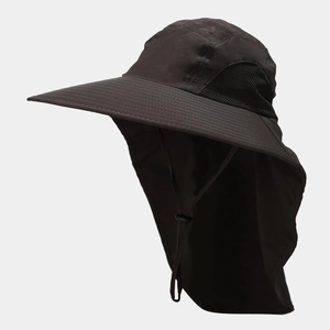 Detail of dark brown quick-dry sun hat featuring neck flap and breathable mesh side panels