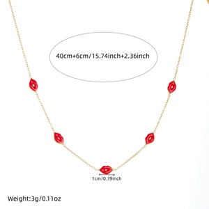 Gold stainless steel necklace with red enamel lip pendants 40cm plus 6cm length