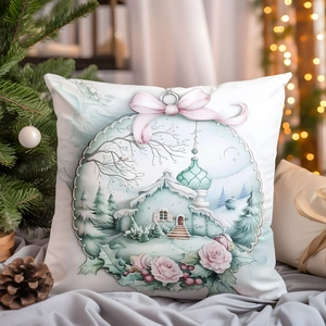 Detailed view of square pillow case with mint green winter house and floral illustration