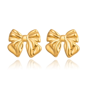 Elegant gold bow-shaped stainless steel stud earrings displayed on white background