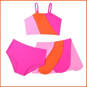 Costume Da Bagno Bambina Top A Canotta E Slip E Gonna Con Bordo A Festone Nylon Color Block Bambini