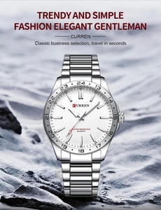 Close-up of CURREN men's business quartz watch with silver steel band and white dial