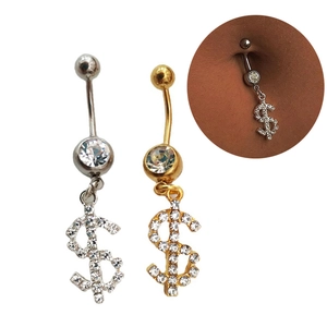Polished stainless steel belly rings with dollar sign pendant and pavé rhinestones