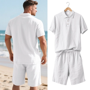 Detail shot of men's white linen polo and shorts set with waffle knit texture fabric