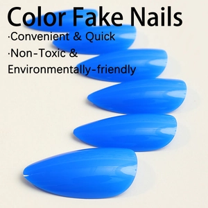 Navy blue glossy almond shaped fake nails with minimalist solid color stiletto design