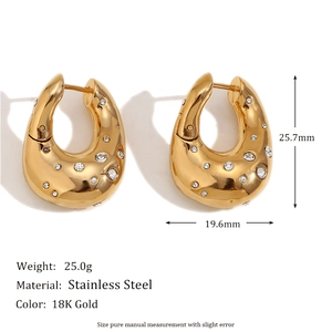 Chunky 18K gold plated stainless steel twisted hoop earrings with sparkling crystals