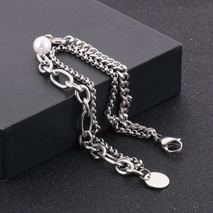 Unisex Stainless Steel Double Layer Cuban Chain Bracelet With Shell Artificial Pearl And Round Pendant Hip Hop Minimalist Jewelry