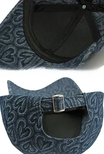 Détail de l'intérieur de la casquette en jean et de la boucle de réglage en métal au dos