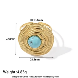 Detailed size specifications for gold spiral ring with turquoise stone inlay
