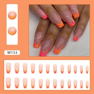 Detailed set of 24 press-on nails with pink and orange flame swirl design in coffin shape