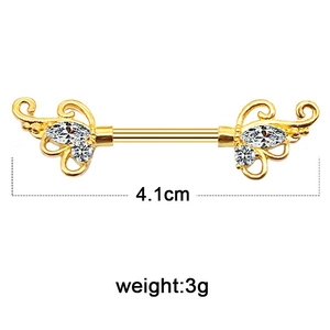 Piercing téton doré avec motifs à volutes et gemmes claires, longueur 4,1cm et poids 3g