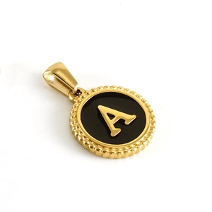 Classic 18K gold plated round pendant with black enamel inlay and gold letter A