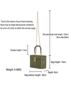 Green woven box bag with top handle and metal chain strap for women casual style