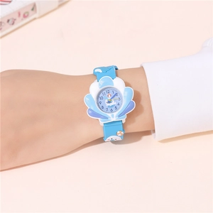 Detail of children's quartz watch with blue shell case and patterned silicone strap