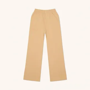 Detailed view of elastic waistband and straight-leg hem on khaki wide-leg joggers