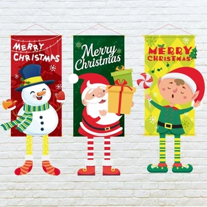 Merry Christmas banner set with Santa Claus, Snowman and Elf hanging on white brick wall