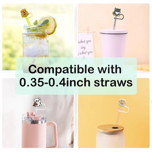 Cartoon dog and cat silicone straw covers compatible with 0.35-0.4 inch straws