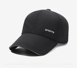 Detail of breathable laser-cut mesh and SPORTS logo on lightweight black baseball cap